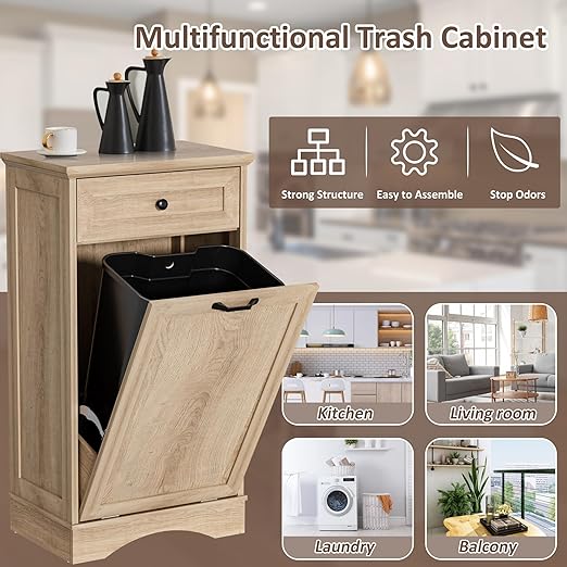 13 Gallons Tilt Out Trash Cabinet Freestanding Kitchen Trash Bin Cabinet Wood Garbage Recycling Cabinet with Hideaway Drawer Pet Proof Trash Can Holder for Kitchen Living Room, Light Wood
