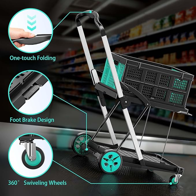 Collapsible Shopping Cart with Wheels, 6-in-1 200LBS Capacity Grocery Cart on Wheels with 1 Storage Crate, Folding Utility Cart for Shopping, Travel, Supermarket, Office, Teal