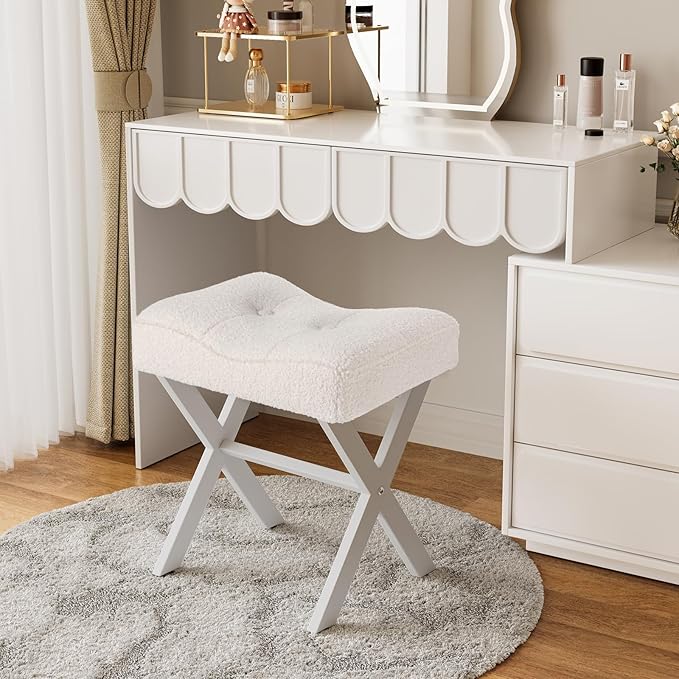 18-Inch Vanity Stool Chair, Vanity Bench with Metal X-Legs, Ottoman Accent Stool with Breathable and Soft Boucle Fabric Saddle Seat, White