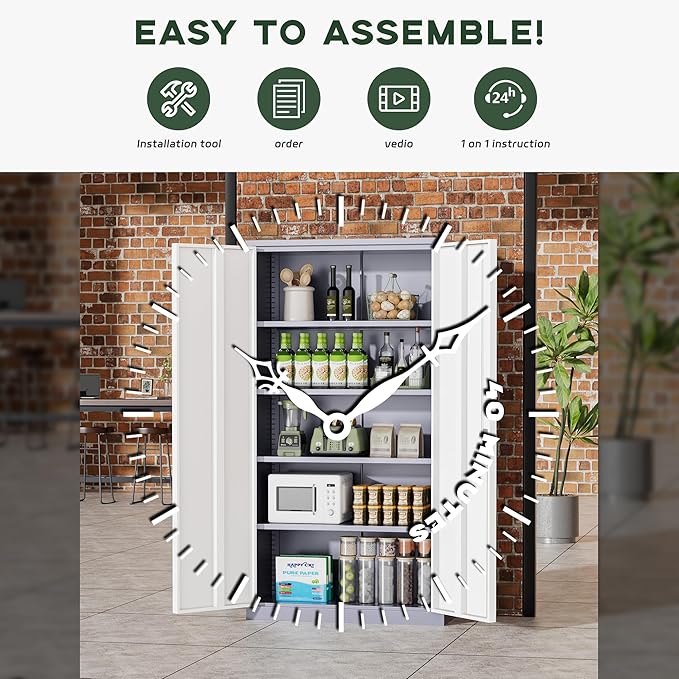 Greenvelly Metal Storage Cabinet, 72" Locking Metal Garage Storage Cabinet with Doors and 4 Adjustable Shelves, Lockable Steel Cabinet for Home Office, Garage, Shop, School (White Grey 32" W x 16" D)