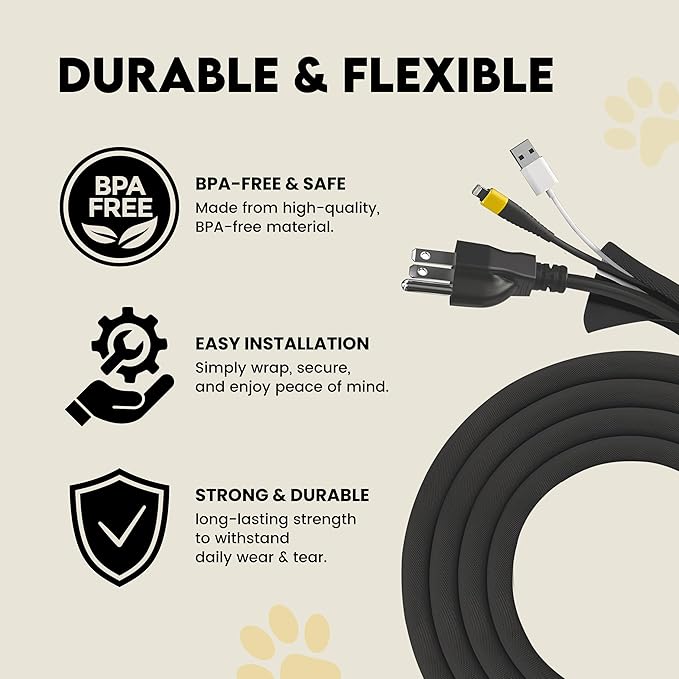 Cord Cover For Pets (Black, 10ft) - Durable PET Cable Protector for Dogs, Cats, and Other Pets - Critter Cord - Cord Protectors from Pets No Chew, Keep Cats from Chewing Cords - Puppy Proof Cord Cover