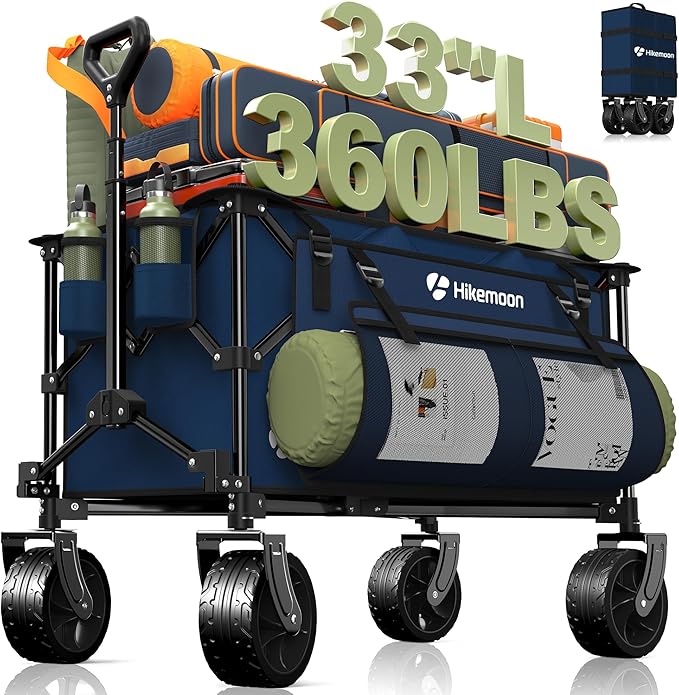 150L Collapsible Wagons Carts Foldable, 360LBS Heavy Duty Folding Beach Cart with Big All-Terrain Wheels, Portable Utility Wagon for Grocery, Shopping, Garden, Sports, Blue