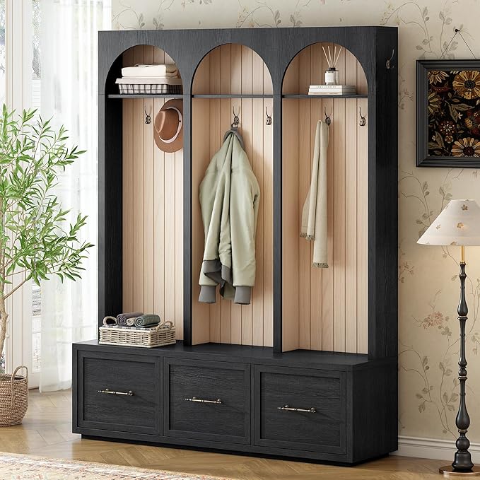 Merax Farmhouse Wood Hall Tree with 8 Hooks and Shoe Bench, Mudroom Versatile Coat Racks with 3 Drawers, Entrance Organizer for Hallway Black