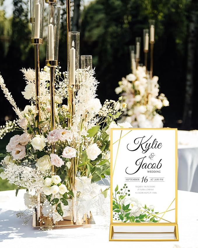 12 Pack Gold Acrylic Sign Holders 4x6, Double Sided Vertical Stand Clear Picture Frame Stands, Menu Flyer Holder for Wedding Table Numbers, Restaurant Signs, Party and Office Photos