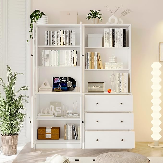 TUSY 71" H Bookshelf Bookcase with Doors, 3-Tier Modern Bookshelves with 3 Large Drawer, Display Bookcase with Glass Doors, Modern 5-Tier Curio Cabinet for Home Office, Dining Room (White, AB)
