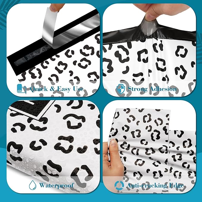 JinRuiKJ Poly Mailers with Handle 10x13 Inch 25 Pcs, Easy to Carry Packaging Bags for Small Business, Thank You Shipping Bags with Self Adhesive Strip, Tearproof and Waterproof - Black leopard