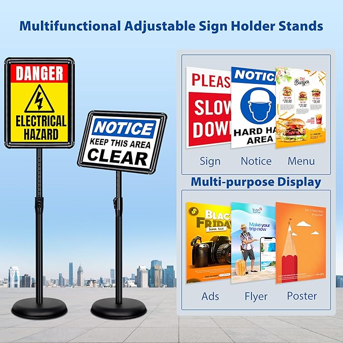 4 Packs 8.5x11 Inch Sign Stand - Adjustable Floor Standing Sign Holder, Pedestal Poster Stand for Vertical & Horizontal Display, Outdoor & Indoor Use for Business & Store Signage - Black