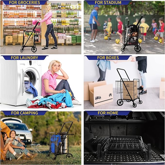 Folding Shopping Cart, Grocery Cart, 450 Lb Capacity, Utility Cart with 360° Rolling Swivel Wheels, Extra Large & Extra Basket