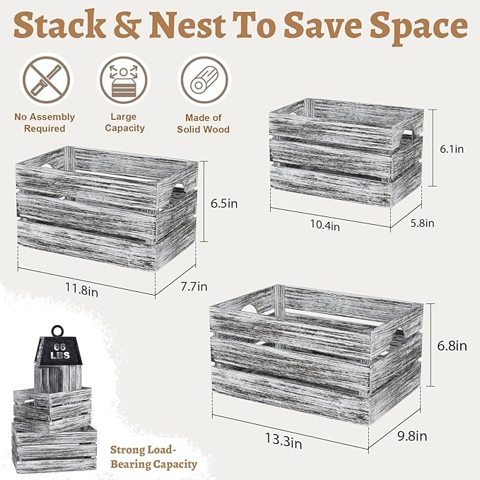Set of 3 Wood Nesting Storage Crates with Handle(Large,Medium,Small), Farmhouse Decorative Wooden Crates for Display, Rustic Wood Baskets for Home Organization Decor (VintageBrown)