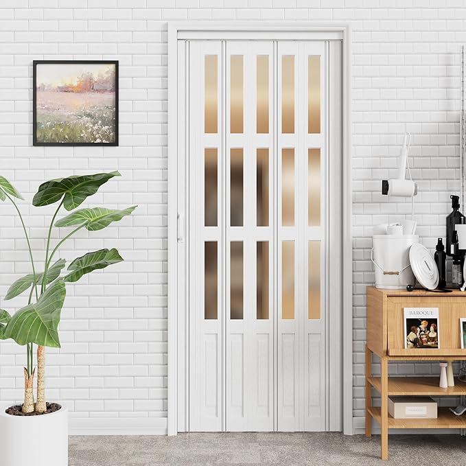 24-36 x 80in Accordion Doors Interior Folding Door, White PVC Accordion Door with 3 Frosted Acrylic Glass with Upgraded Roller & Handle & Complete Hardware, for Closet Bathroom Doorways