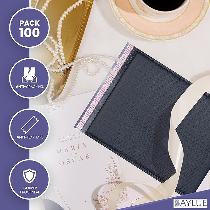 Black 10x13 Inch Poly Bubble Mailers |Self Seal Padded Envelopes for Thick books | Air Cushioned Bubble Mailer | Usable Size 9.5x13 Inch | Waterproof Lightweight Mailing Shipping Bags | 100 Pack Bulk