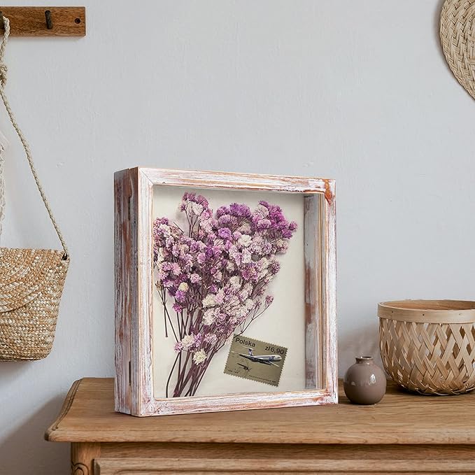 TJ.MOREE Flowers Shadow Box Display Case 11 x 11 Shadow Box Frame with Glass Window Door Farmhouse Picture Frame Wedding Bouquet Memorabilia Photos Memory Box for Keepsakes - White Pink