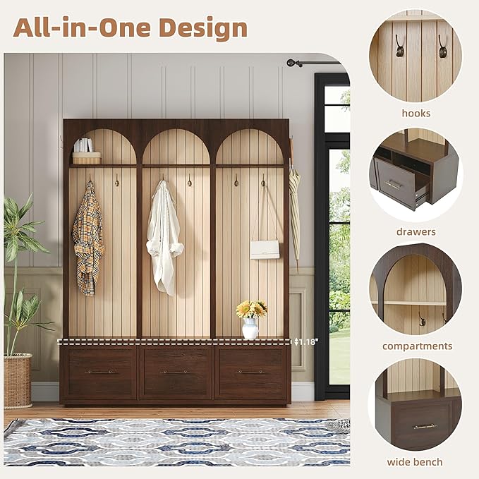 Merax Farmhouse Wood Hall Tree with Shoe Bench and 3 Drawers, 4-in-1 Coat Rack with 8 Hooks for Entrance, Hallway, Mudroom Dark Walnut