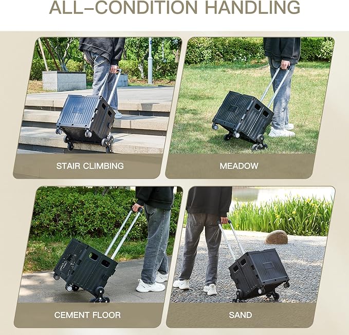 Foldable Utility Cart ，Folding Shopping carts，Collapsible cart with Stair Climbing Wheels, 8 Wheel Shopping cart，Collapsible Rolling Crate with Telescoping Handle (Black, 14.96 * 14.96 * 31.3)
