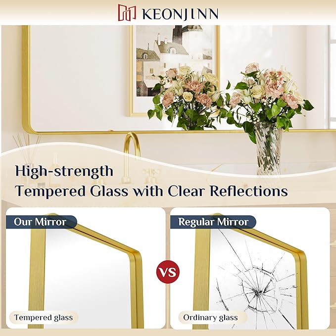 Keonjinn Gold Bathroom Mirrors for Over Sink, 40” x 24” Rounded Rectangle Brushed Gold Vanity Mirror, Anti-Rust Brass Mirror with HD Tempered Glass, Decorative Farmhouse Mirrors, Horizontal/Vertical