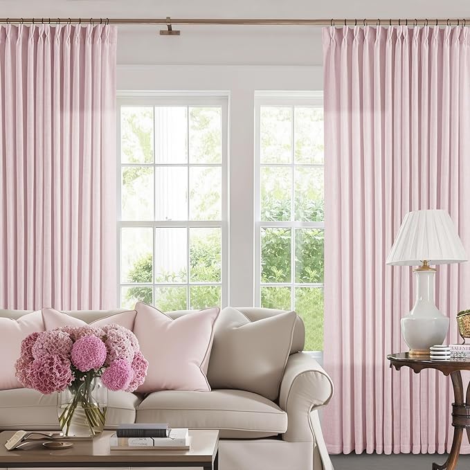 Baby Pink Linen Pinch Pleated Curtains 96 Inch Length 2 Panels for Girls Bedroom Nursery Soft Thick Linen Window Curtains 96 Inches Long Semi Sheer Light Filtering for Living Room Blush Dusty Pink