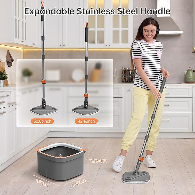 KZKR Spin Mop and Bucket Set with 2 Replaceable Microfiber Mop Pads with Self Separation Dirty and Clean Water System, Self Wringing 360° Rotating Square Mop Head for Hardwood Tile Marble Floors