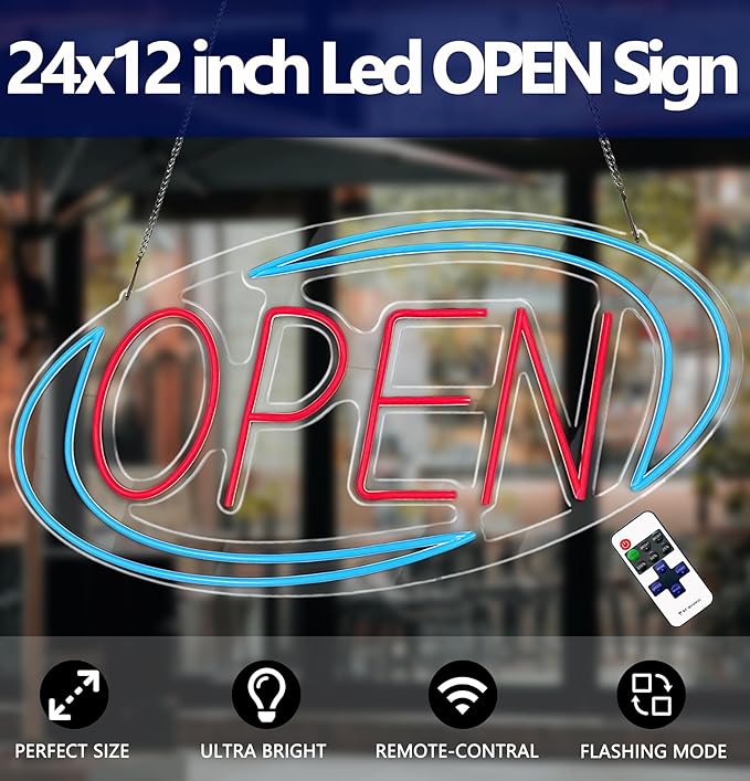 Open Signs for Business,Neon Open Sign Led,24"x 12",Remote Control Open/Closed Bussiness Hour Sign Set,Light for Bar Coffee Salon Store Window,12V/2A Adapter with ON/OFF Switch (Blue/Red Oval)