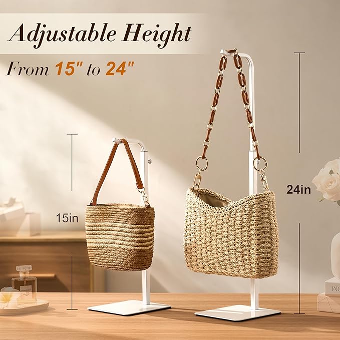 Purse Holder Handbag Display Stand: Hanger Rack Showing Bags, Purses, and Wreath, Adjustable Hook Stand for Tabletop, Closet, Desk, and Retail Use for Vendors, White