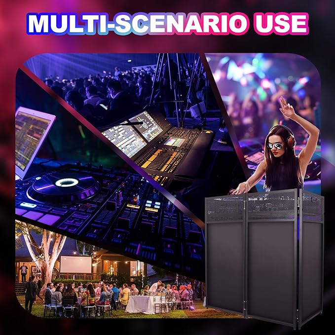 DJ Facade Booth Table 41" x 43"x 20"-Portable with Black&White Lighting Scrims Flat DJ Booth Panel-Black Metal Frame with 2 Extra Wheels for Show, Party (Black)