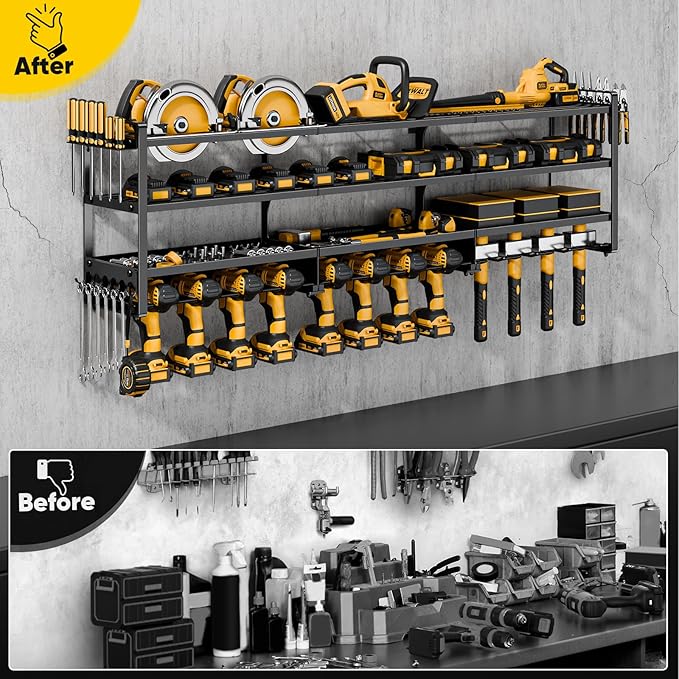49" W Large Power Tool Organizer Wall Mount, 4 Layer Heavy Duty Loads 800 lbs, Tool Rack Holds 12 Cordless Drills, Large Capacity Battery Holder for Garage Storage, Christmas Gift for Men