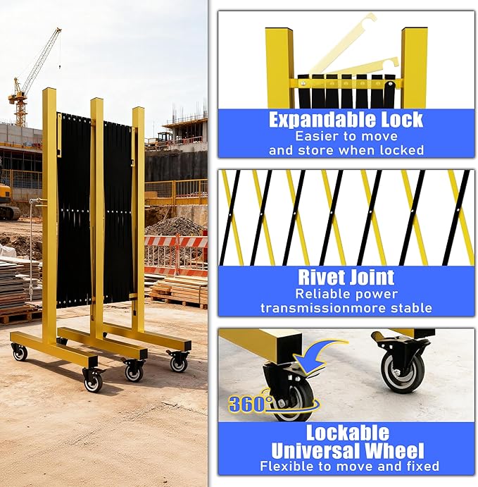 Industrial Expandable Barricade,Folding Security Gate Safety Barricade with Casters,Mobile Barrier Gate Outdoor,Adjustable Traffic Fence for Road Construction, Traffic Control,Pool (17FT-2PCS)