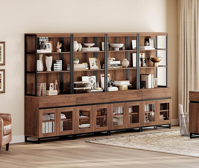 WAMPAT 4 PCS Modern 72" Tall Bookcase with 4 Drawers and Open Book Shelfs, Library Book Shelf with Storage Cabinet and Glass Doors, Wood Freestanding Bookshelves for Home Office, Living Room, Brown