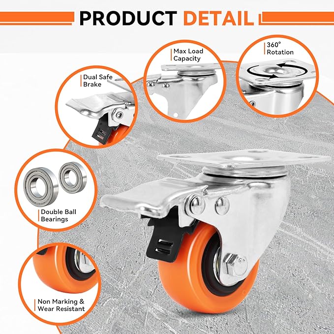 W B D WEIBIDA 2" Plate Caster Wheels Set of 16, Heavy Duty Casters with Brake, Safety Dual Locking, Industrial Swivel Top Plate Casters Wheels for Furniture, Carts (Screws and Screwdriver)