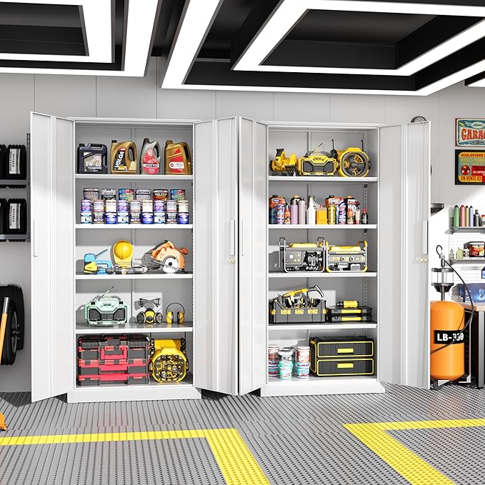 Greenvelly Metal Garage Storage Cabinet,Steel Lockable Storage Cabinet with 2 Doors and 4 Adjustable Shelves,Tall Metal Cabinet Locking File Cabinet for Office,Home, Garage, Gym, School