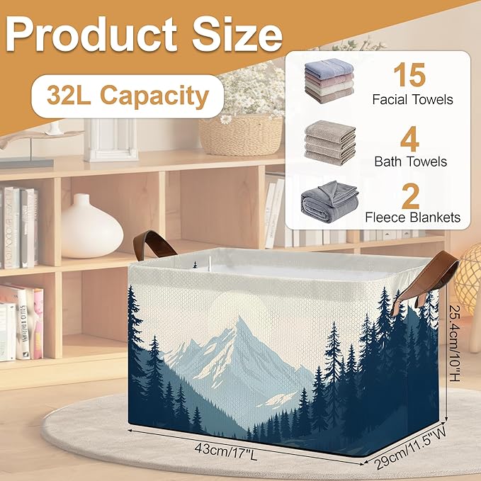 Decorative 32L Blue Misty Forest Storage Bins with Handles, Organization and Storage, Cube Storage Organizer for Hamper, Nursery