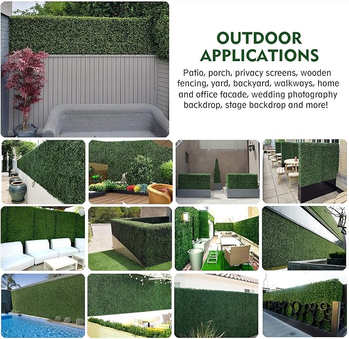 16PCS 20"x20" Artificial Boxwood Panels Topiary Hedge Plant UV Protected Faux Grass Wall Greenery Mats for Outdoor Garden Fence Backyard and Indoor Home Wedding Decoration, Dark Green