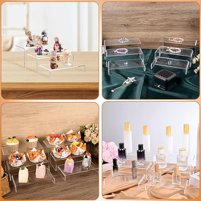 6 Pcs 2 Sets Acrylic Display Riser, 3 Sizes Large Acrylic Risers Display Stands, 0.15" Thick Clear Shelf Riser, Clear Display Risers for Dessert, Candy, Toys, Perfume, High Heels, Wallet