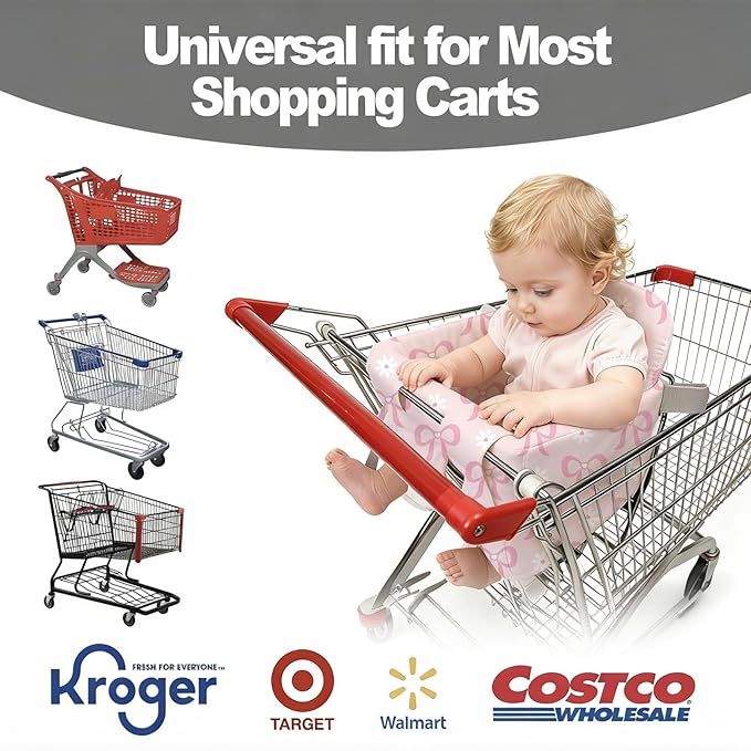 Padded Shopping Cart Cover for Baby Boy & Girl, High Chair Cover for Restaurant Seat, Machine Washable Infant Toddler Buggy Seat Cover (Pink Bow)