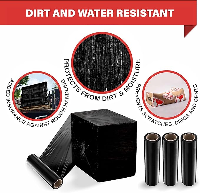 Black Stretch Wrap Industrial Strength Extra Thick 4 Pack 18" 1100 SqFt 80 Gauge (20 Micron) Shrink Wrap Roll for Moving Supplies, Furniture, Pallets, Plastic Wrap for Packing, Stretch Film