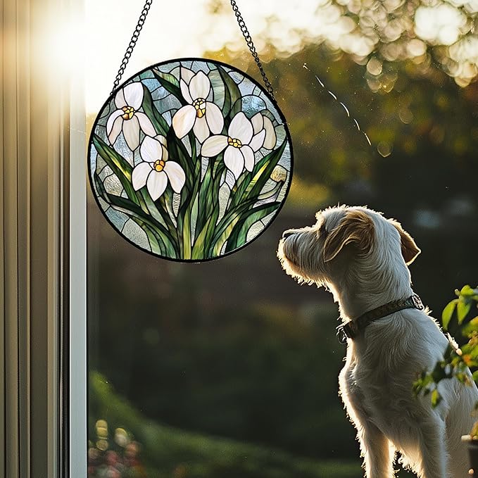 Stained Glass Window Hanging - White Green Snowdrops Flowers Suncatcher for Doors Garden Patio Sun Catchers Decor Christmas Mother's Day Birthday Gifts for Women Men Mom Nana Friend 9.8 in