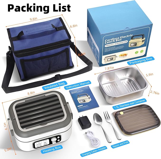 Dravel Cordless Heated Lunch Box for Men, 6.3 Cup 100W Electric Lunch Box Food Warmer with 24000mAh Battery for Self Heating, Including Cutlery, Insulated Bag and Divider for Women Adults(Grey+White)