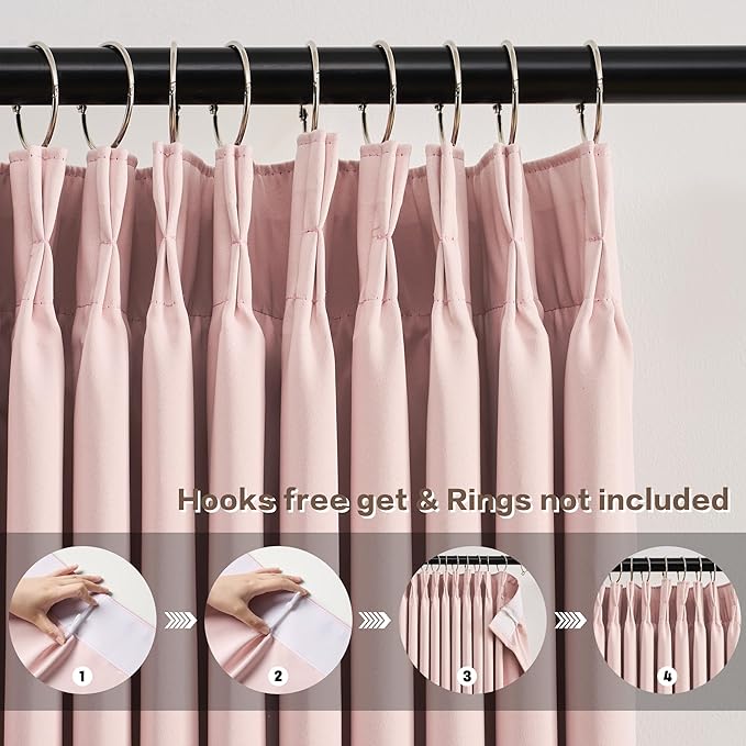 KEQIAOSUOCAI Custom Pleated Curtains Fabric Baby Pink Color, Heat Blocking Window Treatment for Bedroom Vertical Draft Blackout for Living Room 40 Wide by 90 Inch Long, 2 Panels, Pinch Pleat