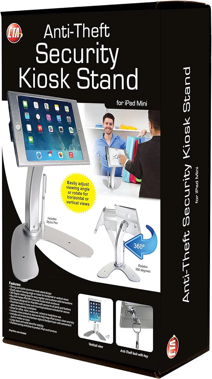 Dual Kiosk Stand- CTA Aluminum Stand with Locking Case and Cable. 360-Degree Rotating Base. Enclosure Designed for iPad mini Generations 1-5 with Access to all Ports and Buttons, Silver (PAD-ASKM)