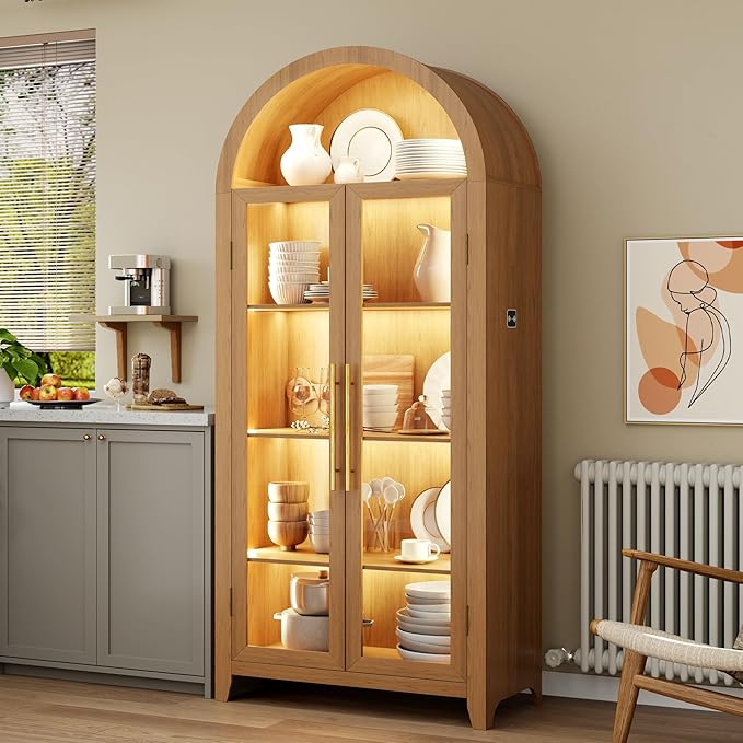 Vlsrka 71" Arched Display Cabinet with Glass Doors, Curio Cabinet with LED Light & Human Sensor, 5-Tier Display Cases for Collectibles, Storage Cabinet with Ajustable Shelf for Living Room(Wood)