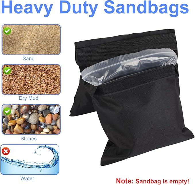 2 Pack Sand Bags, Black Sand Bags for Weight, Heavy Duty Sandbags for Umbrella Base, Photography Video Equipment, Light Tripod, Fishing Chair, Sports, Backdrop Stand, Camping, Tent
