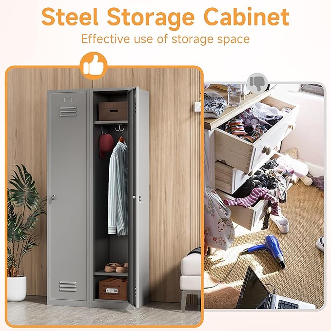 Bestoo Metal Locker,71" Storage Cabinet with 1 Lockable Door and Hooks, Tall Freestanding Wardrobe for Employees, Gym, School, Home and Office (Gray)