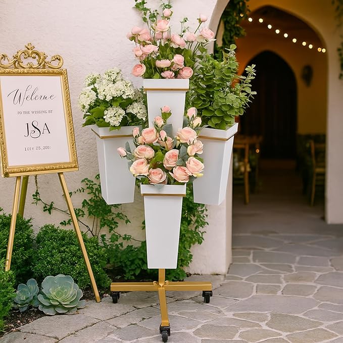 DYALE Flower Display Stand with Buckets - Flower Cart with Wheels for Bouquet Shop, Metal Flower Rack Display Stand for Wedding Garden, Party, Events (Gold, Square buckets)