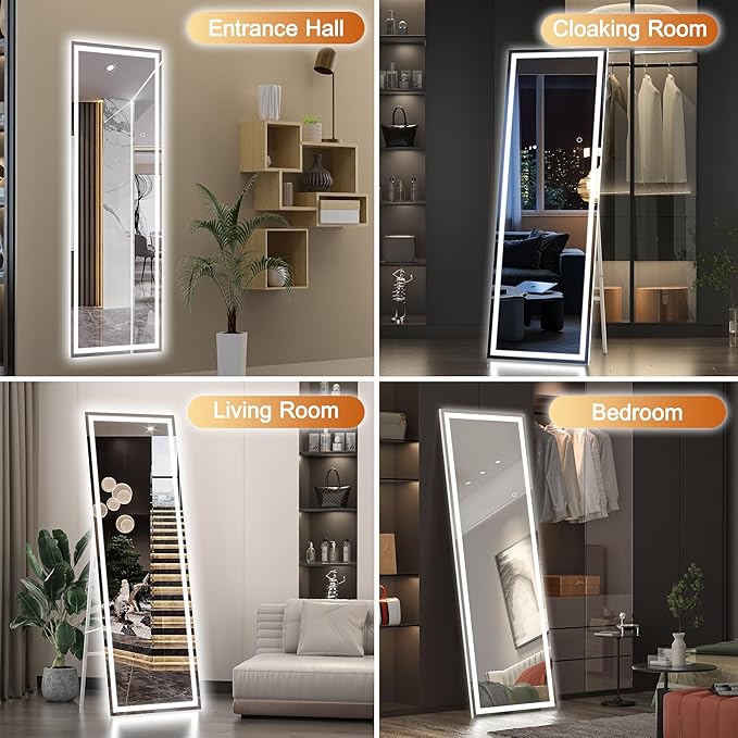 Hasipu Full Length Mirror with Lights, 58" x 18" LED Lighted Floor Standing, Full Body Dressing Hanging Mounted Mirror, Dimmable, Tempered Glass, Safe to Use, Square White