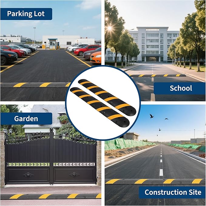4 Pack 6FT Speed Bumps for Road, Heavy Duty 25,000 Lbs Capacity Traffic Rubber Speed Humps with 2 Channel Floor Cord Cover for Asphalt Concrete Gravel Driveway Road Cable Protector Ramp