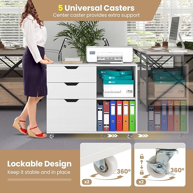 LOKO 3-Drawer File Cabinet, Mobile Printer Stand Cabinet with Adjustable Shelf, Rolling Lateral Filing Cabinet with Wheels for Letter, A4, Legal Size, for Home Office Organization (White)