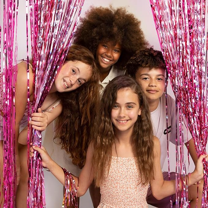 10 Pack Foil Curtain Backdrop Pink Metallic Tinsel Foil Fringe Curtains Photo Booth Props for Birthday Wedding Engagement Baby Shower Bachelorette Christmas Holiday Celebration Party