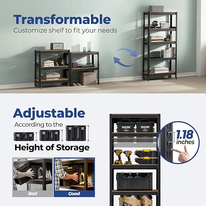 HOMEDANT House 5-Tier Metal Rolling Cart Shelf Rack Casters Heavy Duty Laminated Wheel Shelving Unit Adjustable Utility Storage Shelves Organizer Shelf Kitchen Garage (2, (S) 24.4" W, Black)