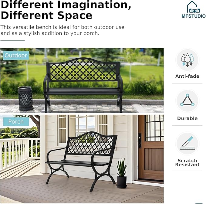 MFSTUDIO 50" Black Outdoor Metal Garden Bench with Arch Legs, Cast Iron Frame Patio Furniture with E-Coating, Perfect for Porch and Yard