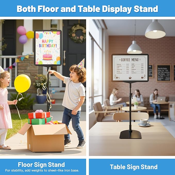 Sign Holder Stand A4, Adjustable Poster Stand for Table Top & Floor, Metal Signage Display Stands, Floor Standing Sign Holder for Advertisement, Tradeshow, Store, Business, 2 Pack