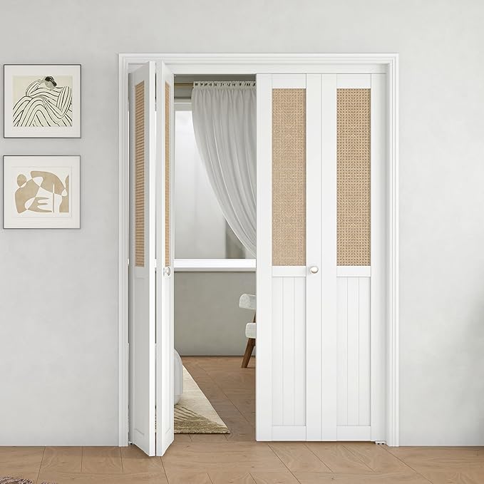 BARNER HOME Cane Bi-fold Doors - for 48in.（24in.x2） x 80in. Opening, Webbing & Wood Interior Door Slab, Including Hardware, MDF, White Folding Door for Wardrobe